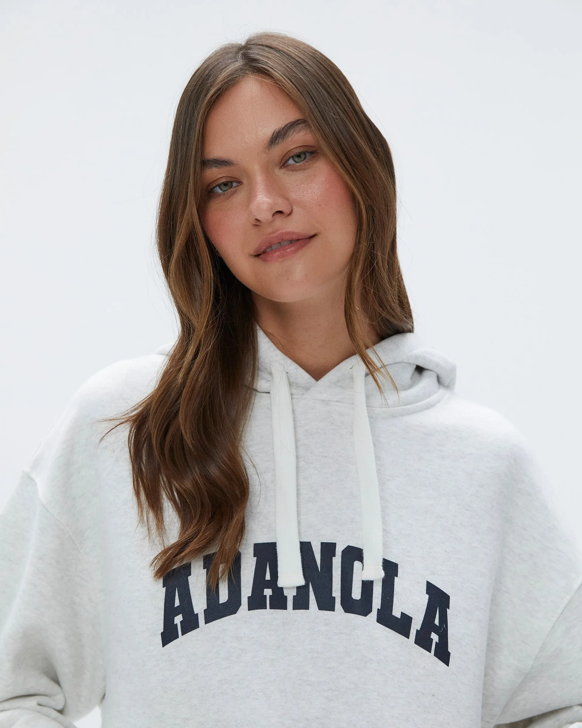 Varsity Relaxed Drawcord Hoodie - Light Grey Melange/Navy Blue