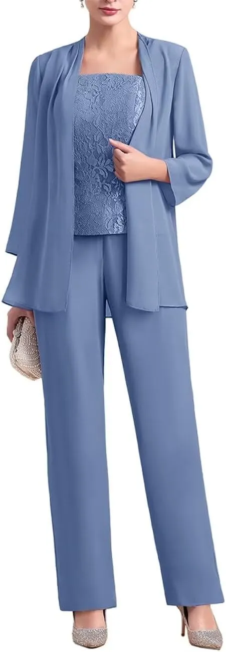VK Selec 3 Pcs Mother of The Bride Pant Suit for Wedding 3/4 Sleeves Lace Formal Pants Outfit with Jacket