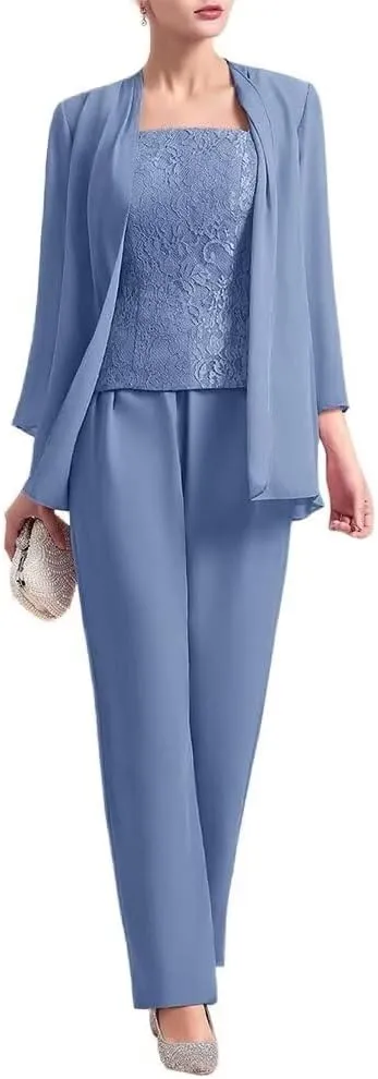 VK Selec 3 Pcs Mother of The Bride Pant Suit for Wedding 3/4 Sleeves Lace Formal Pants Outfit with Jacket
