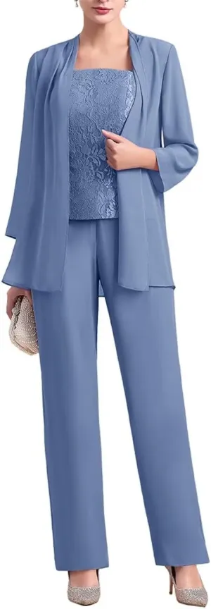 VK Selec 3 Pcs Mother of The Bride Pant Suit for Wedding 3/4 Sleeves Lace Formal Pants Outfit with Jacket