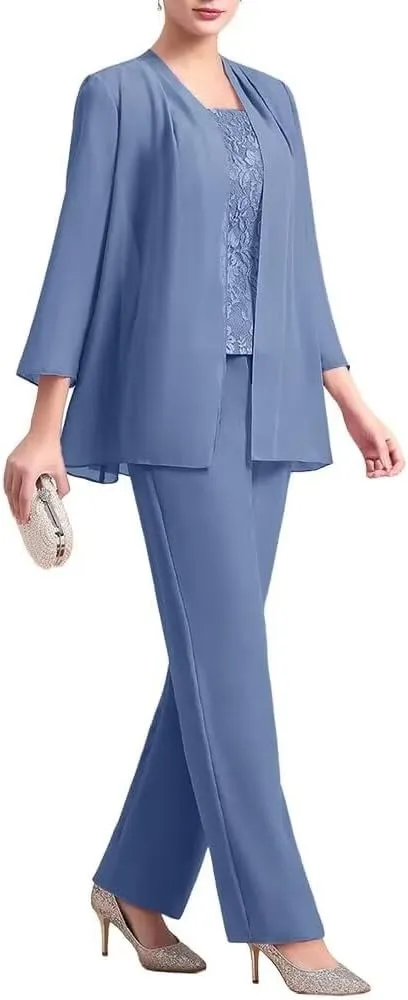 VK Selec 3 Pcs Mother of The Bride Pant Suit for Wedding 3/4 Sleeves Lace Formal Pants Outfit with Jacket