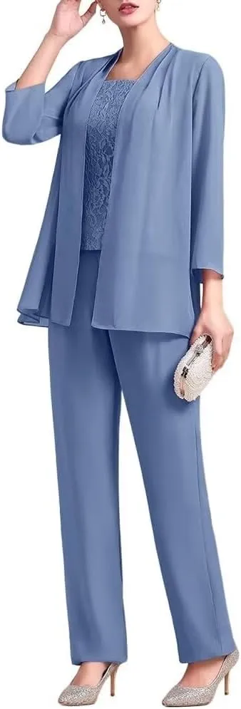 VK Selec 3 Pcs Mother of The Bride Pant Suit for Wedding 3/4 Sleeves Lace Formal Pants Outfit with Jacket