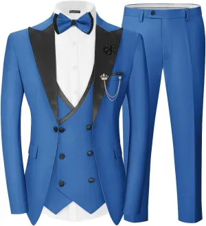 Wangyue Mens Tuxedo Suit for Men Double Breasted 3 Piece Slim Fit Suits for Wedding Suit Men Prom Suits Vest Pants Sets