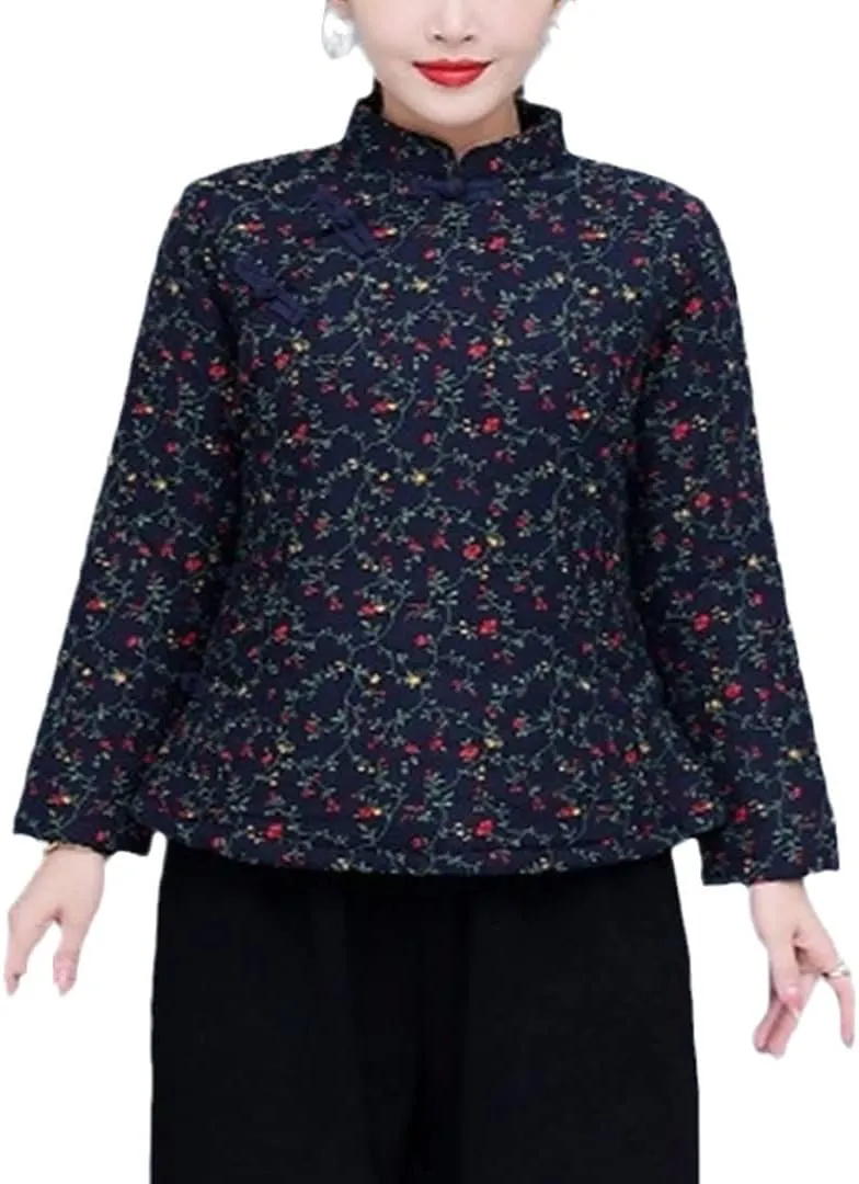 Winter Cotton Linen Short Coat Women Vintage China Padded Jacket Floral Chinese Traditional Cheongsam Top