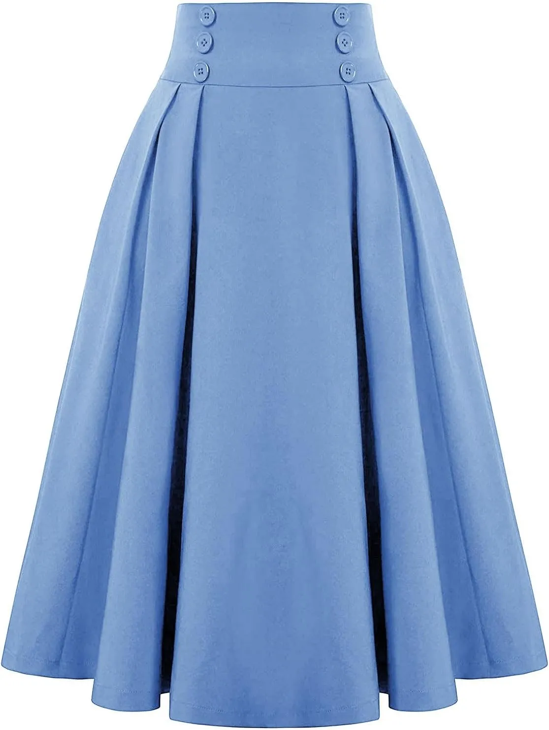 Women Vintage Skirt High Waist Pleated Button Skirts Midi A-Line Short Dress Fashion Casual Solid Swing Dresses