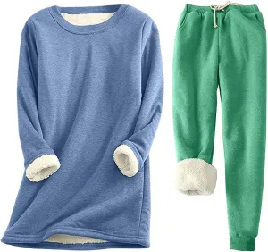 Womens 2 Piece Outfits Sherpa Lined Sweatshirts Pajamas Sets Fleece Pullover And Pants Soft Loungewear Sleepwear