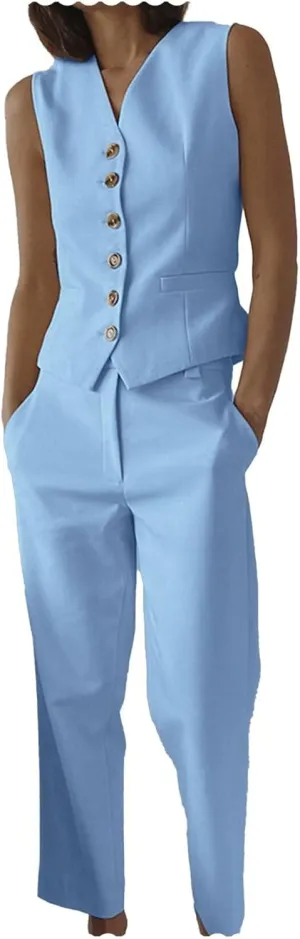 Women's 2 Piece Pant Suit V Neck Waistcoat Slim Fit Vest Summer Set