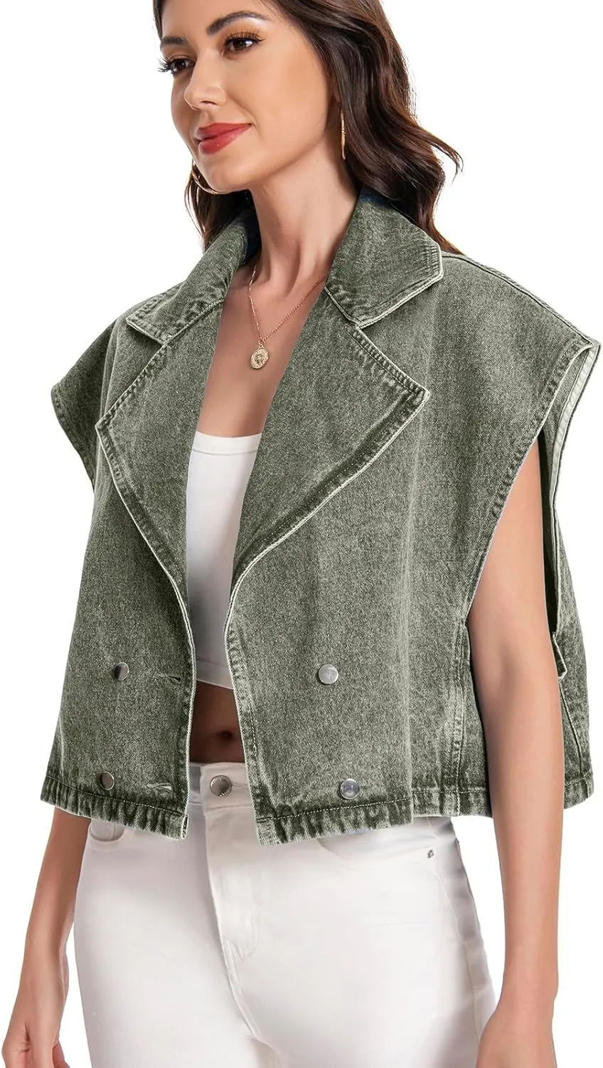 Women's Oversized Denim Vest Jean Cropped Casual Lightweight Jacket,Perfect for Spring Summer Outfits