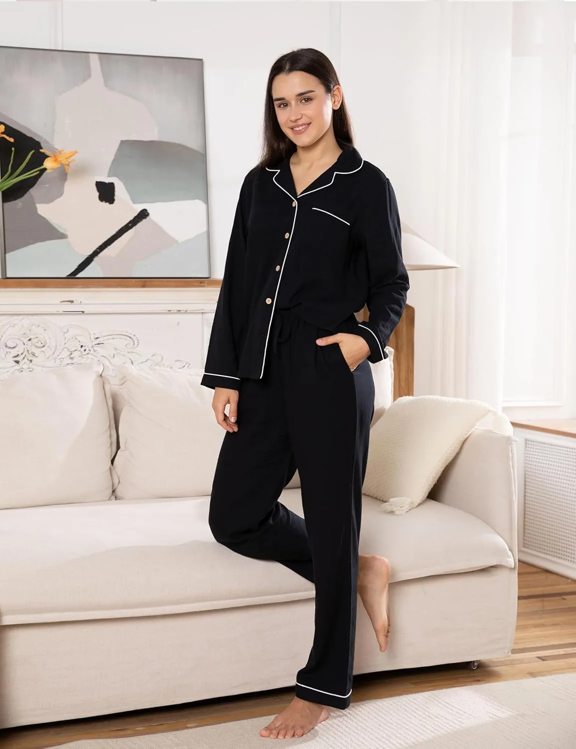 Women's Pajama Set 100% Double Gauze Cotton Linen Like Super Soft Comfy Lightweight Button Down Sleepwear
