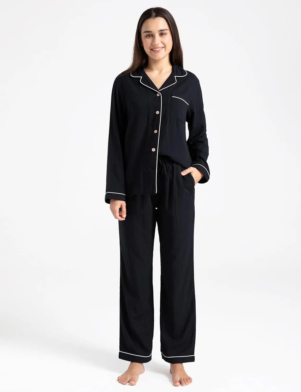 Women's Pajama Set 100% Double Gauze Cotton Linen Like Super Soft Comfy Lightweight Button Down Sleepwear
