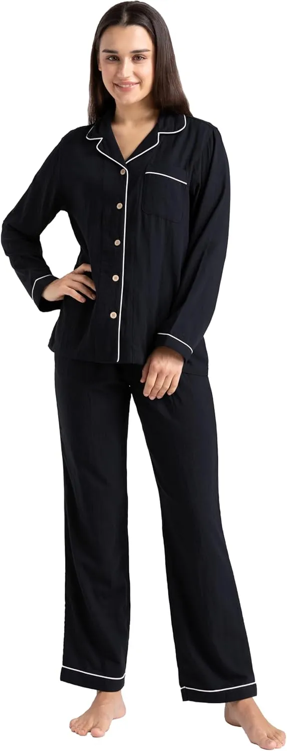 Women's Pajama Set 100% Double Gauze Cotton Linen Like Super Soft Comfy Lightweight Button Down Sleepwear