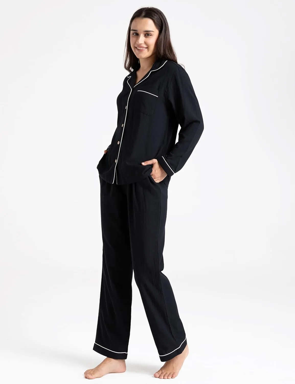 Women's Pajama Set 100% Double Gauze Cotton Linen Like Super Soft Comfy Lightweight Button Down Sleepwear