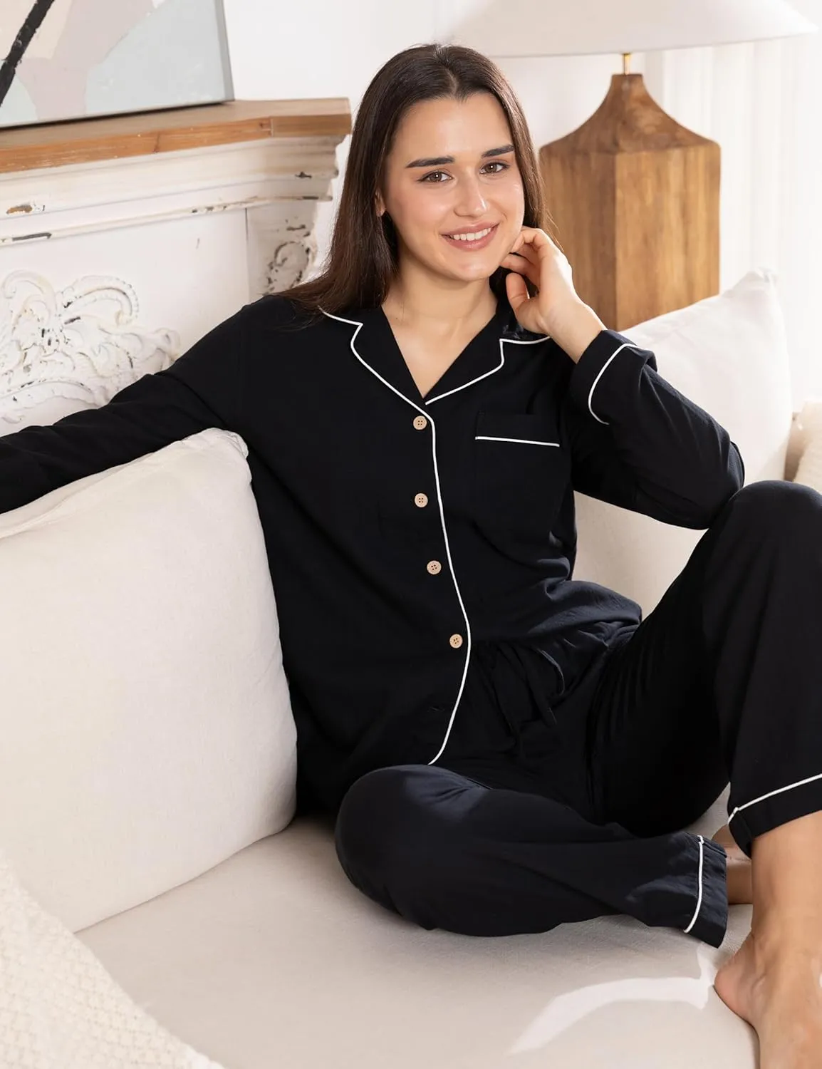 Women's Pajama Set 100% Double Gauze Cotton Linen Like Super Soft Comfy Lightweight Button Down Sleepwear