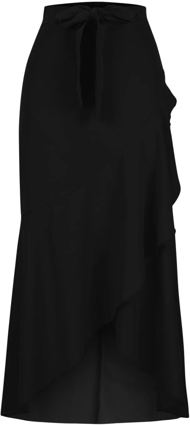 Womens Ruffle Wrap Maxi Skirt Flare High Waist Asymmetrical Hem Elegant Beach with Slit Flowy Pleated Midi Skirt