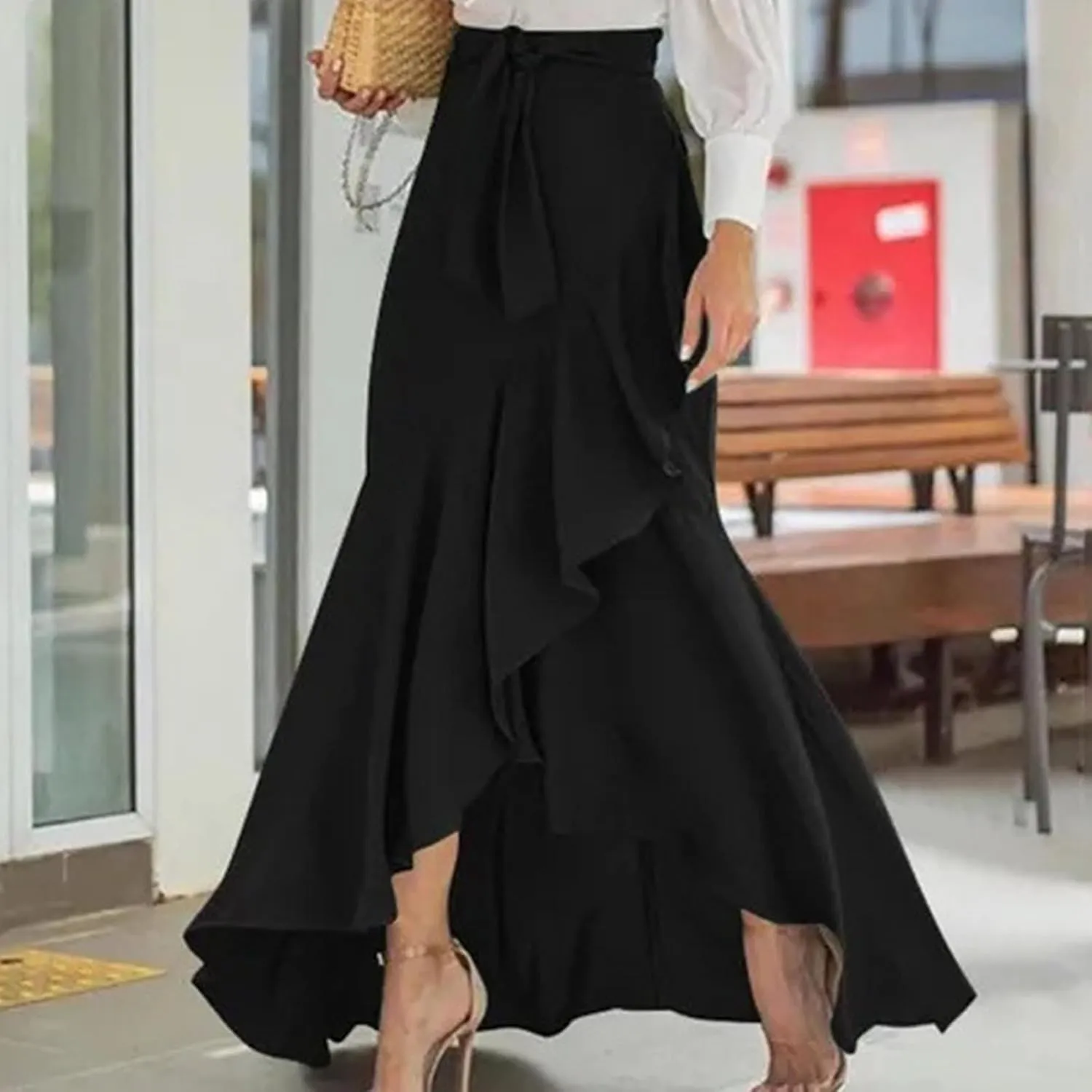 Womens Ruffle Wrap Maxi Skirt Flare High Waist Asymmetrical Hem Elegant Beach with Slit Flowy Pleated Midi Skirt