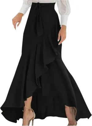 Womens Ruffle Wrap Maxi Skirt Flare High Waist Asymmetrical Hem Elegant Beach with Slit Flowy Pleated Midi Skirt