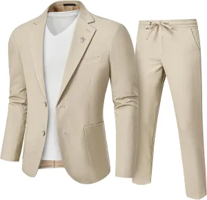 YND Men's 2 Pieces Linen Suit Regular Fit, Two Buttons Lightweight Jacket and Pants for Beach Wedding, Casual, or Summer Time