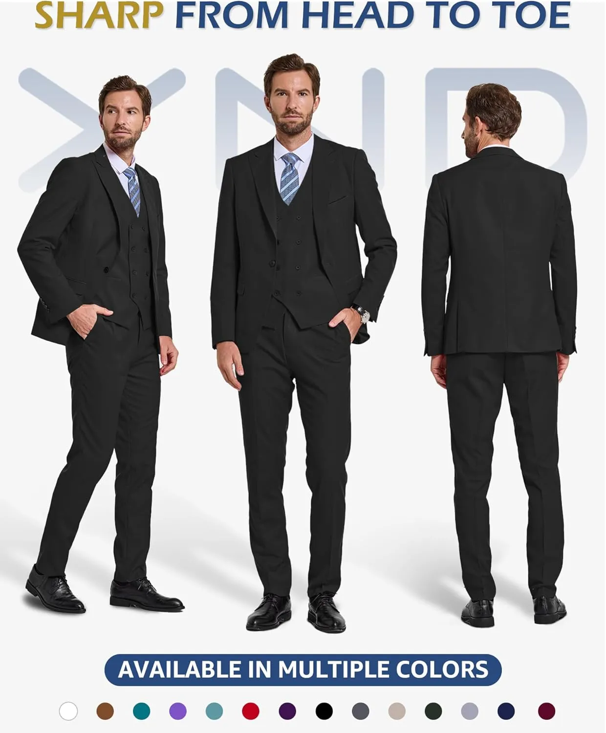 YND Men's 3 Piece Slim Fit Suit Set, One Button Peak Lapel Solid Business Blazer Jacket, Double Breasted Vest Pants and Tie