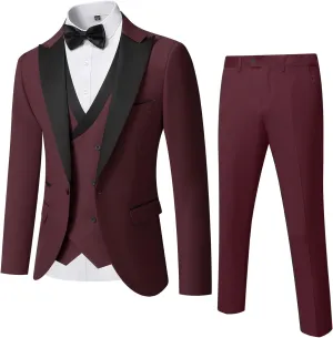 YND Men's 3 Piece Slim Fit Wedding Tuxedo Set, Peak Lapel One Button Suit Jacket, Double Breasted Vest Pants with Bow Tie