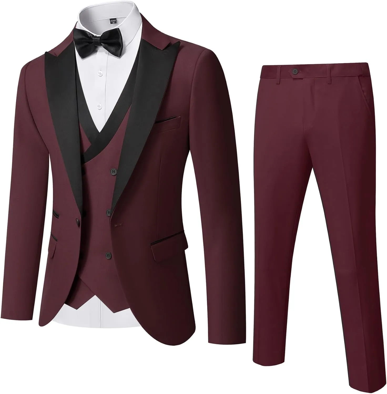 YND Men's 3 Piece Slim Fit Wedding Tuxedo Set, Peak Lapel One Button Suit Jacket, Double Breasted Vest Pants with Bow Tie
