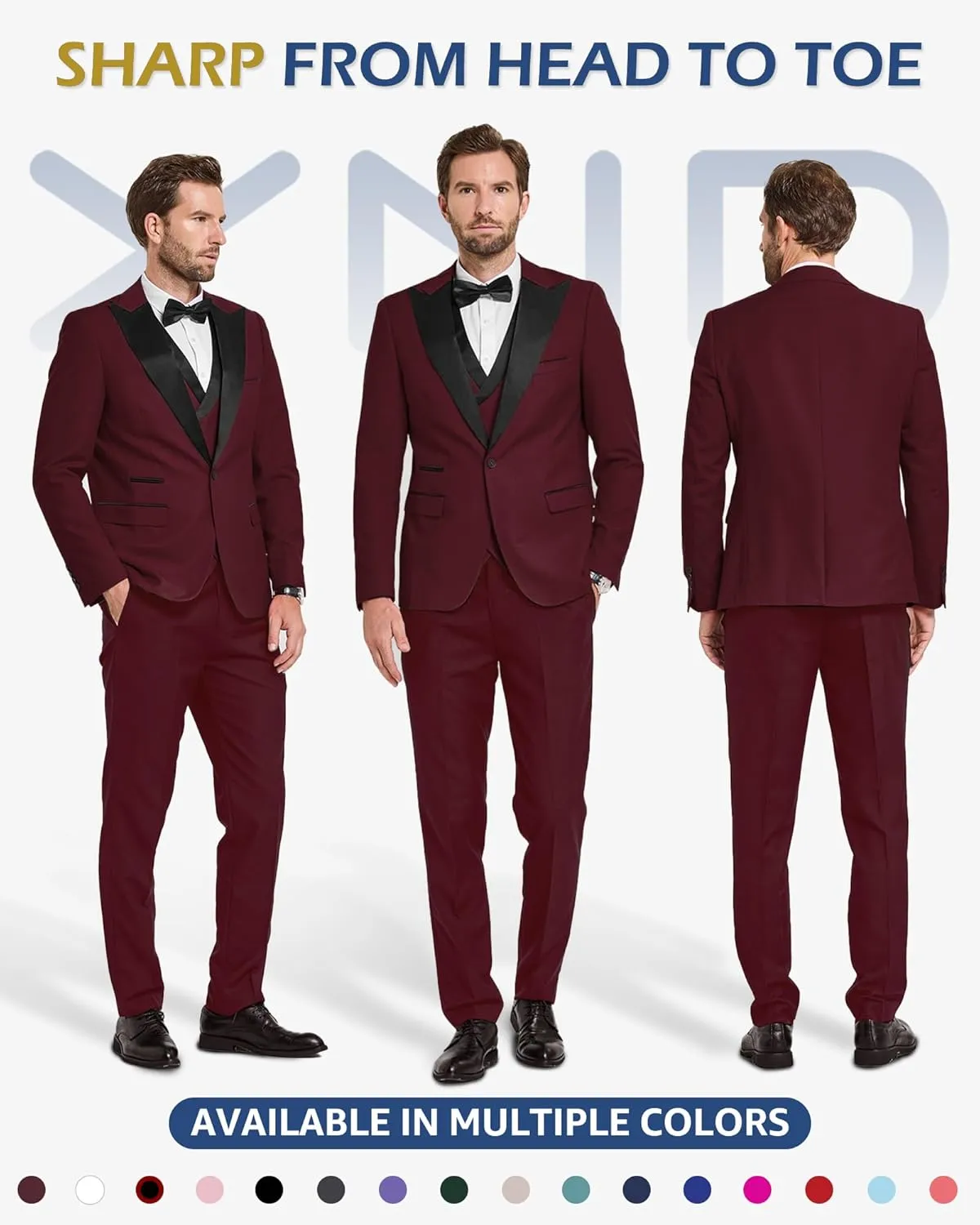 YND Men's 3 Piece Slim Fit Wedding Tuxedo Set, Peak Lapel One Button Suit Jacket, Double Breasted Vest Pants with Bow Tie